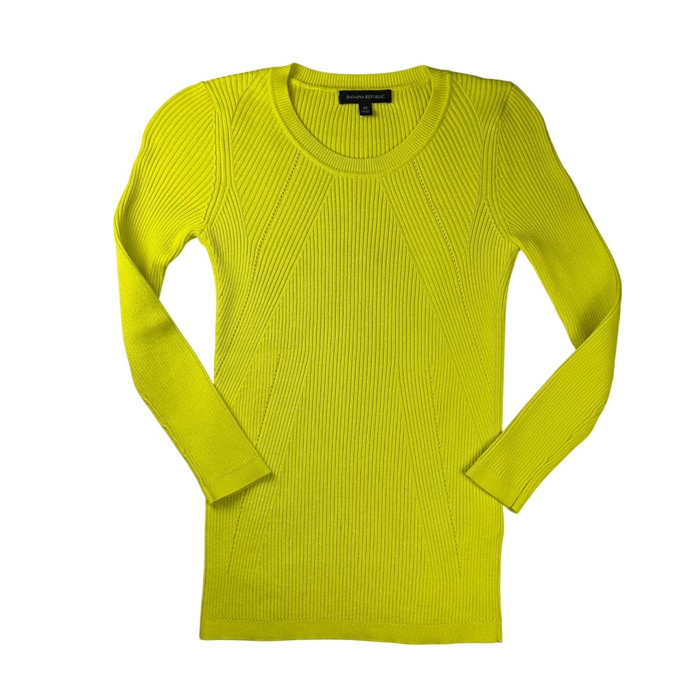 Banana Republic Ribbed Knit Sweater Chartreuse Neon Yellow Crew Neck XS Womens‎